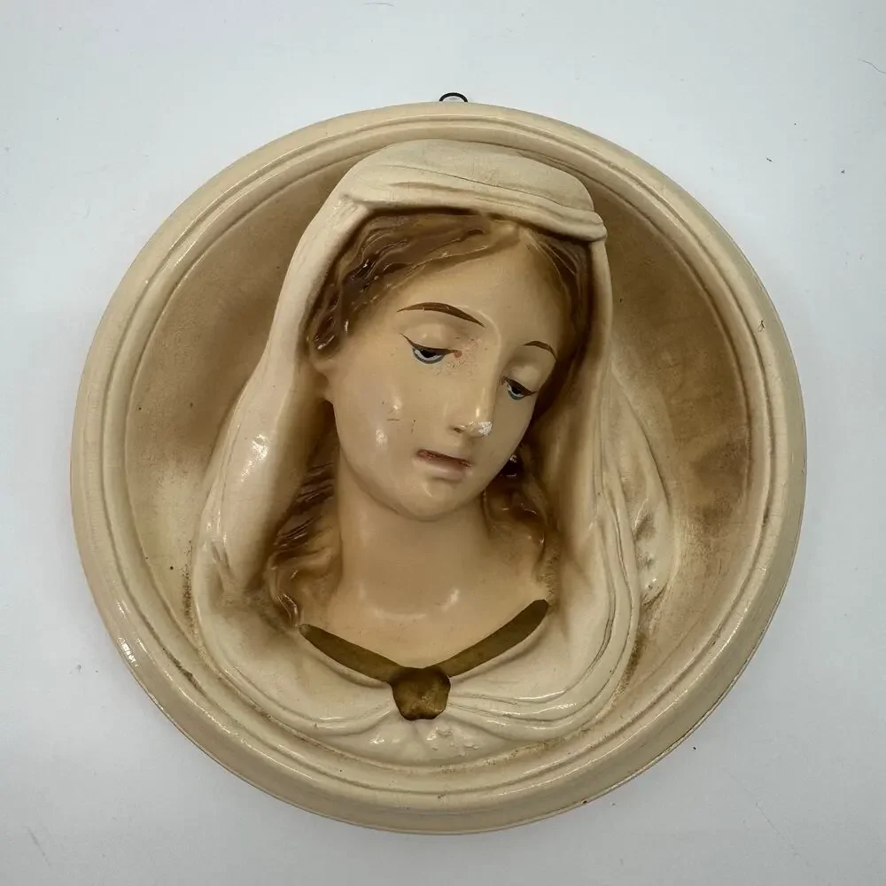 Vintage Virgin Mary Madonna Chalkware Wall Plaque Catholic Religious Art 6